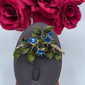 Hobe Enamel Crystal Leaf Brooch Blue Green Gem Rhinestone Statement Pin Vintage